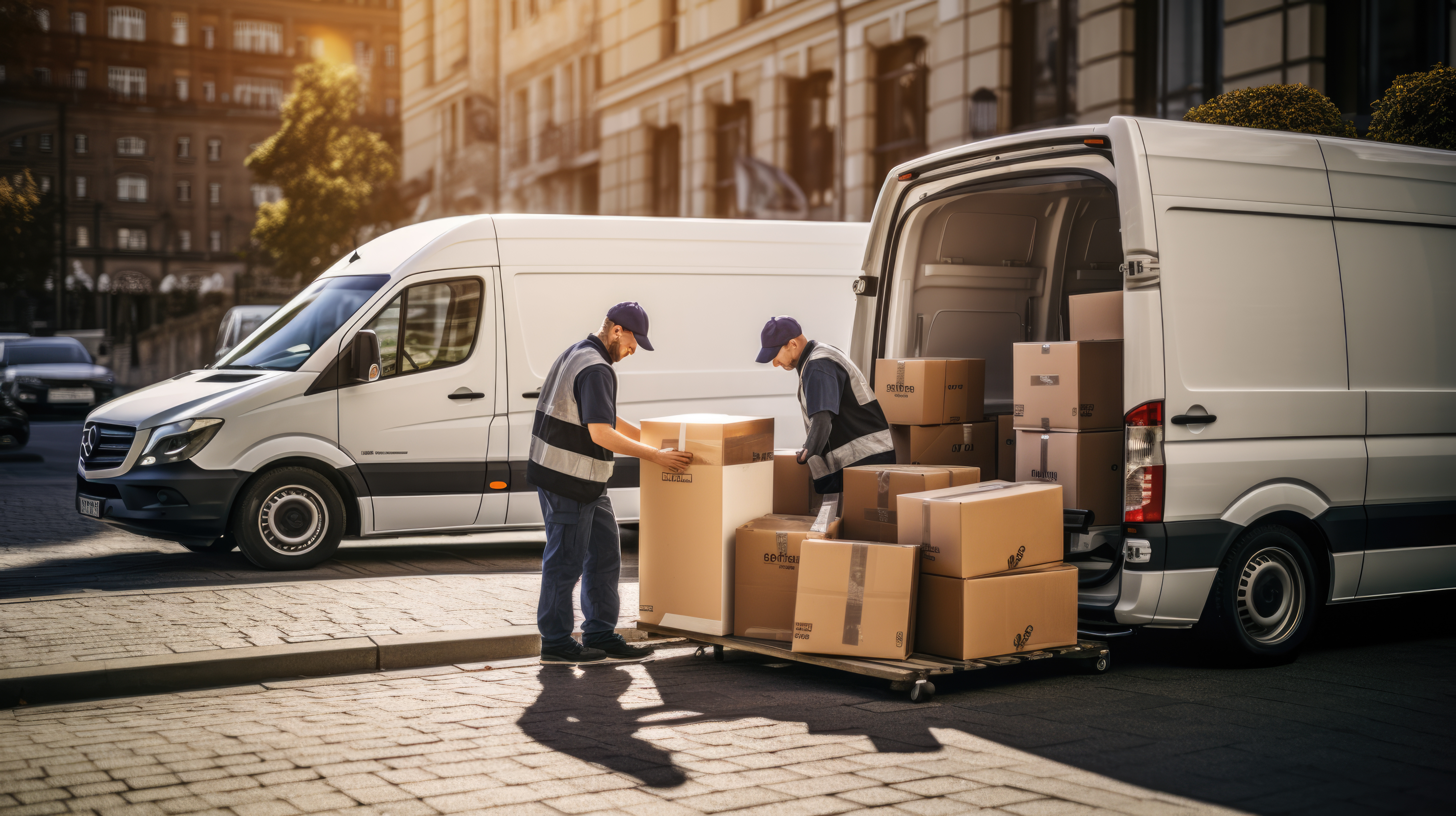 Delivery van is unloaded by two workers