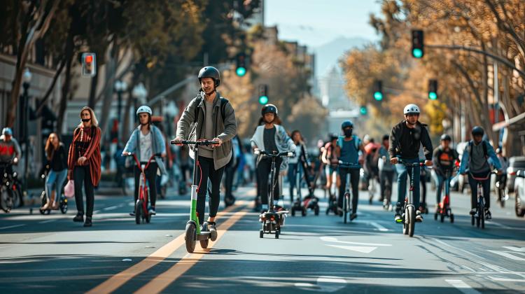 People using individual mobility means in a street