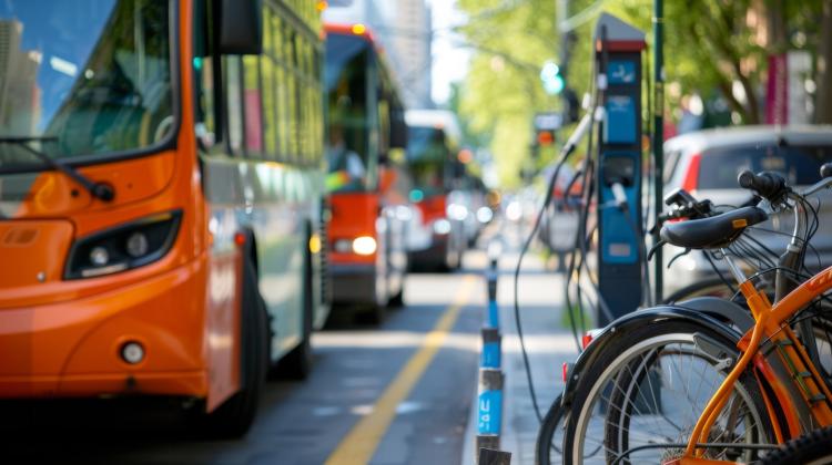 Buses on the road and bikes on the docking station